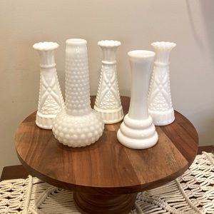 Lot of 5 shorter vintage white milk glass bud stem vases wedding decor
